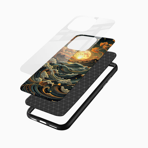 Golden Moon Ocean Waves Glass Mobile Case - Cover Stall