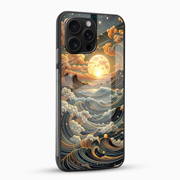 Golden Moon Ocean Waves Glass Mobile Case - Cover Stall
