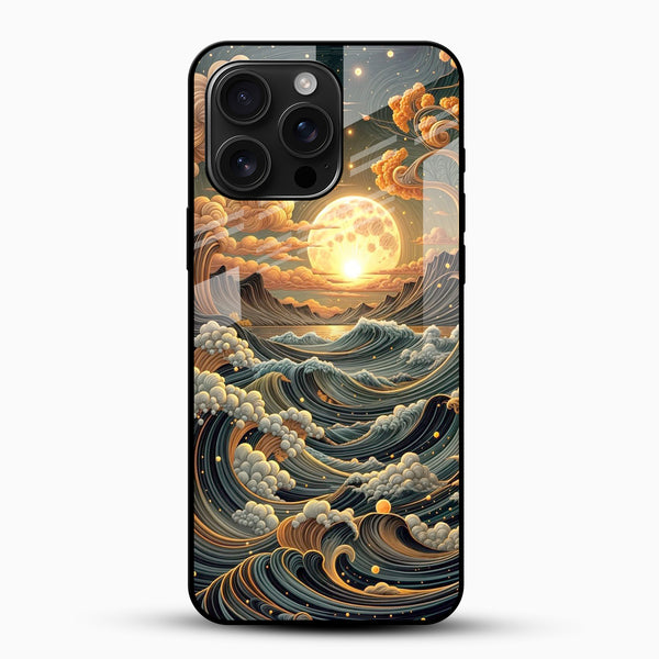 Golden Moon Ocean Waves Glass Mobile Case - Cover Stall