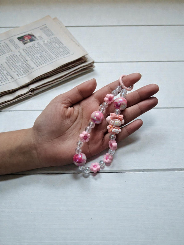 Pink Floral Cartoon Beaded Phone Charm – Cute Aesthetic Wrist Strap - Cover Stall