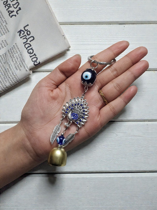 Evil Eye Peacock Bell Keychain – Blue Nazar Charm with Hanging Ghanti - Cover Stall