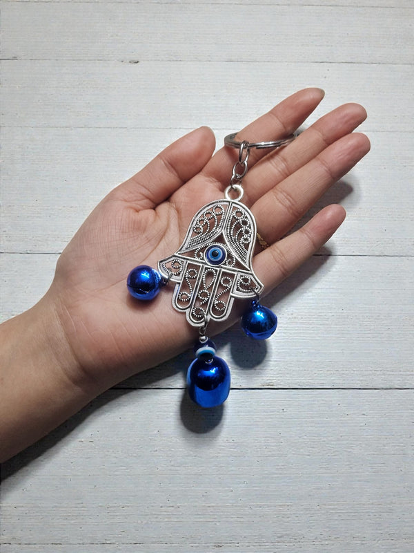 Hamsa Hand Evil Eye Keychain – Blue Nazar Bell Charm for Protection - Cover Stall