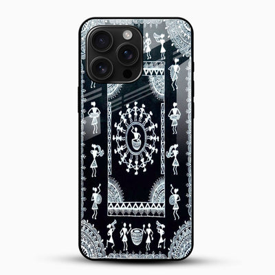 Black Warli Art Tribal Glass Mobile Cover – Traditional Indian