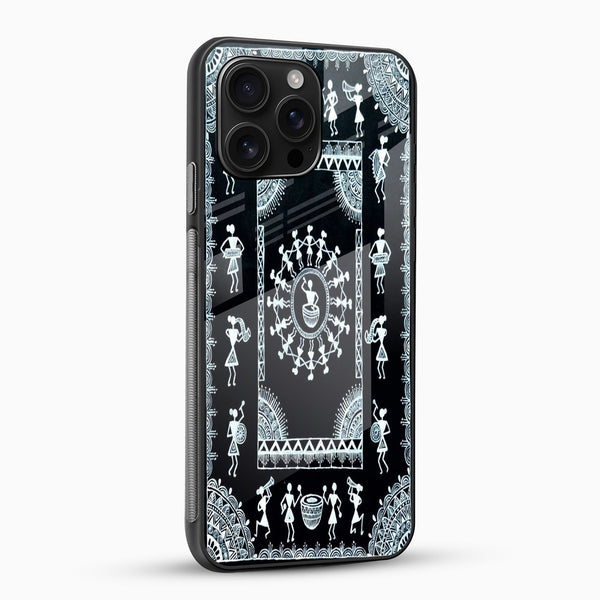 Black Tribal Warli Art Glass Phone Case - Cover Stall