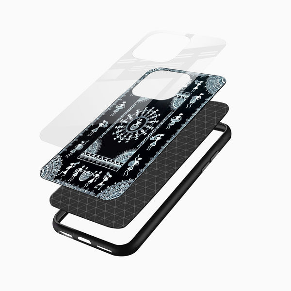 Black Tribal Warli Art Glass Phone Case - Cover Stall