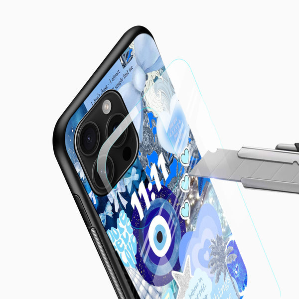 Blue Evil Eye 11:11 Glass Mobile Cover – Aesthetic - Cover Stall
