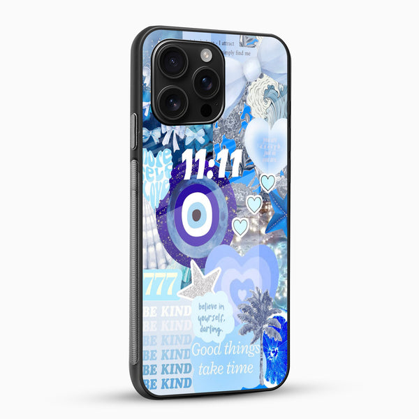 Blue Evil Eye 11:11 Glass Mobile Cover – Aesthetic - Cover Stall