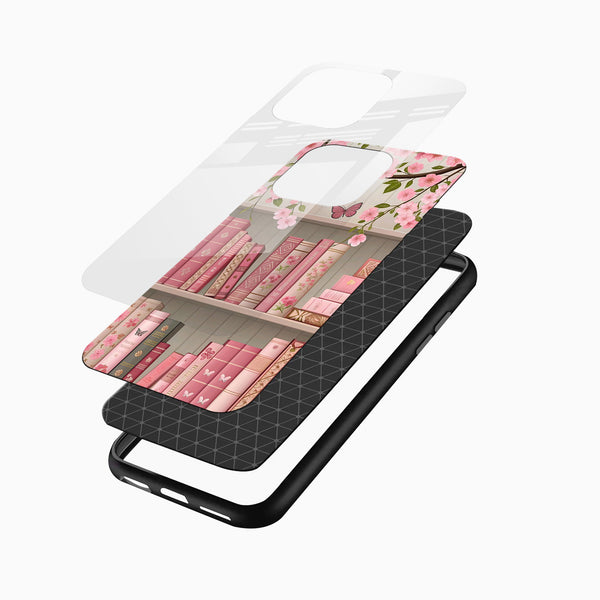 Blossom Library Aesthetic Glass Mobile Case – Pink Floral Bookshelf Design - Cover Stall
