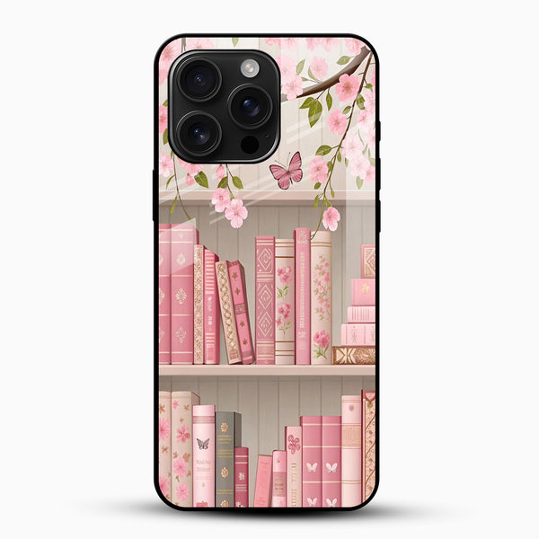 Blossom Library Aesthetic Glass Mobile Case – Pink Floral Bookshelf Design - Cover Stall