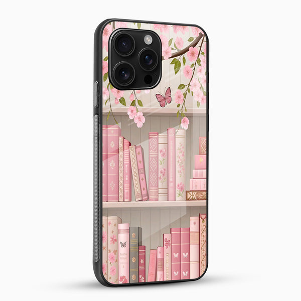 Blossom Library Aesthetic Glass Mobile Case – Pink Floral Bookshelf Design - Cover Stall