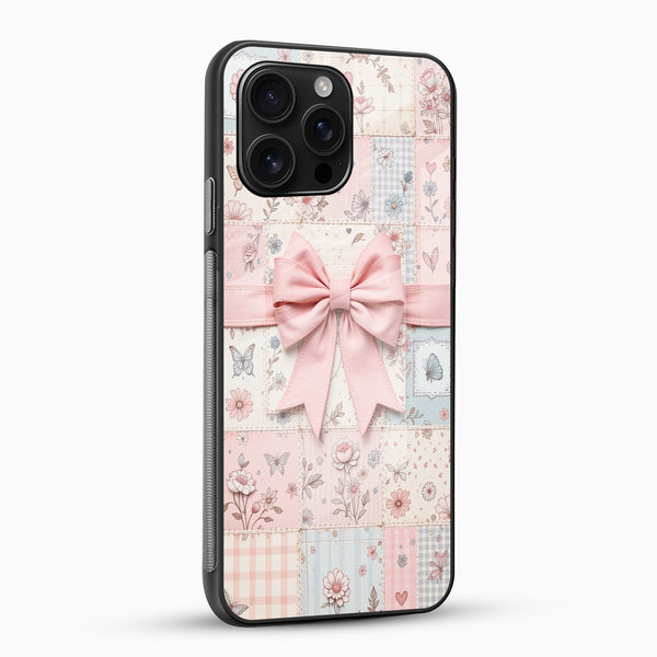 Blush Pink Bow Patchwork Glass Mobile Case – Floral Aesthetic Design - Cover Stall