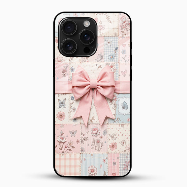 Blush Pink Bow Patchwork Glass Mobile Case – Floral Aesthetic Design - Cover Stall