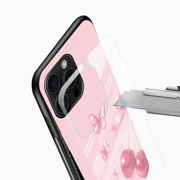 Cherry Butterfly Aesthetic Glass Mobile Case – Soft Pink Cute Design - Cover Stall