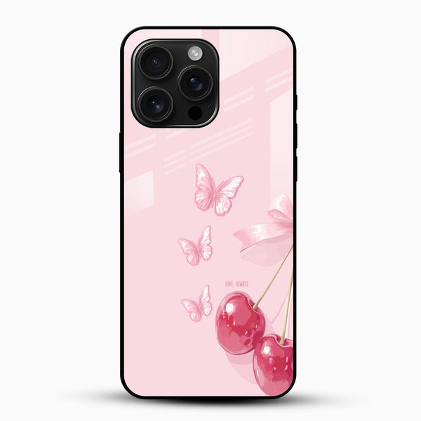 Cherry Butterfly Aesthetic Glass Mobile Case – Soft Pink Cute Design - Cover Stall