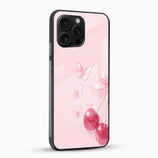 Cherry Butterfly Aesthetic Glass Mobile Case – Soft Pink Cute Design - Cover Stall
