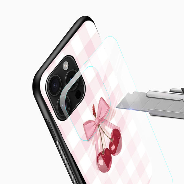 Cherry Bow Aesthetic Glass Mobile Case – Cute Pink Gingham Design - Cover Stall