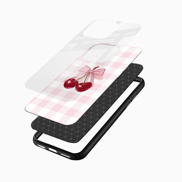 Cherry Bow Aesthetic Glass Mobile Case – Cute Pink Gingham Design - Cover Stall