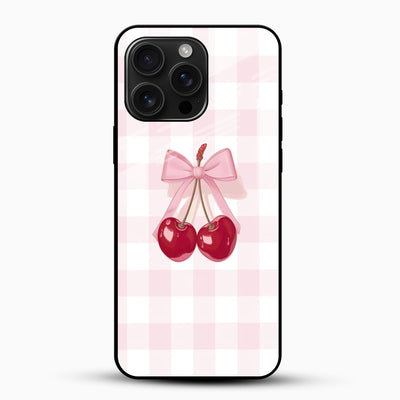 Cherry Bow Aesthetic Glass Mobile Case – Cute Pink Gingham Design