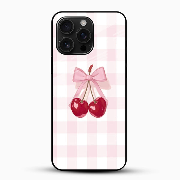 Cherry Bow Aesthetic Glass Mobile Case – Cute Pink Gingham Design - Cover Stall