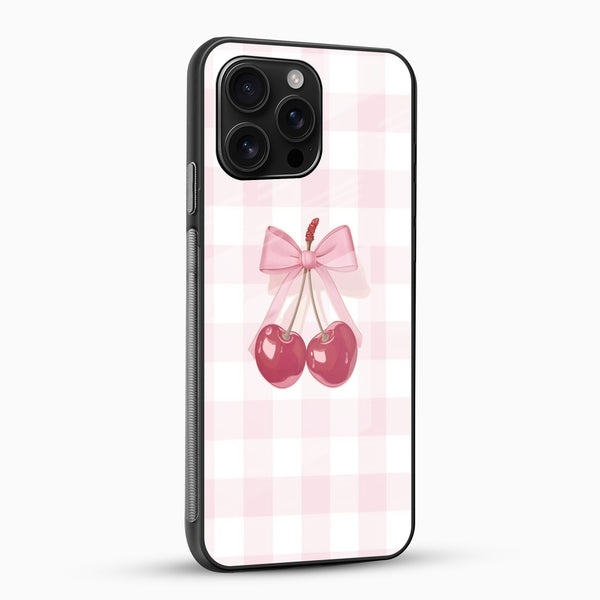 Cherry Bow Aesthetic Glass Mobile Case – Cute Pink Gingham Design - Cover Stall