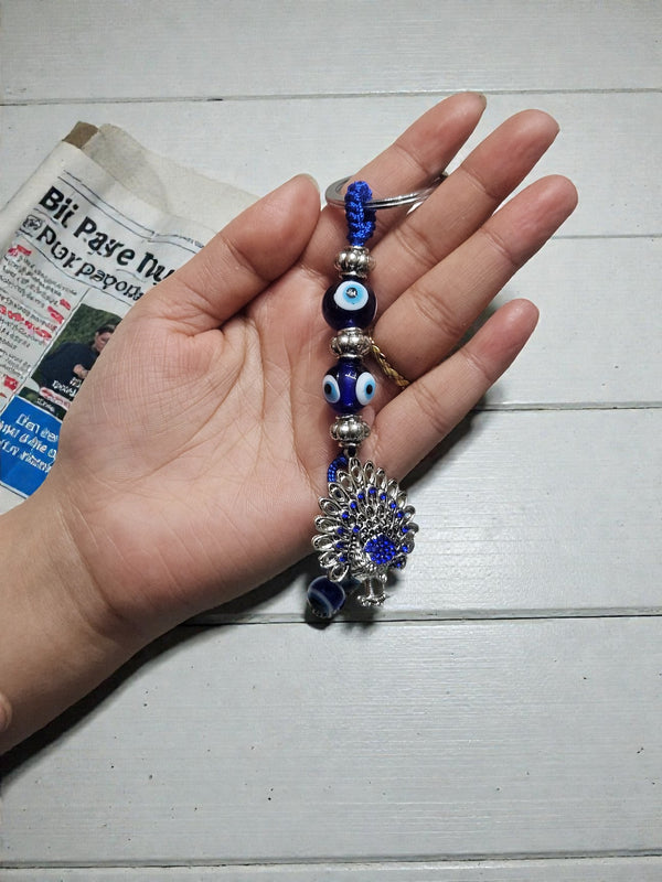 Evil Eye Peacock Beaded Keychain – Blue Nazar Protection Charm - Cover Stall