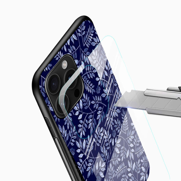 Royal Blue Leaf Pattern Glass Mobile Cover – Elegant Botanical - Cover Stall