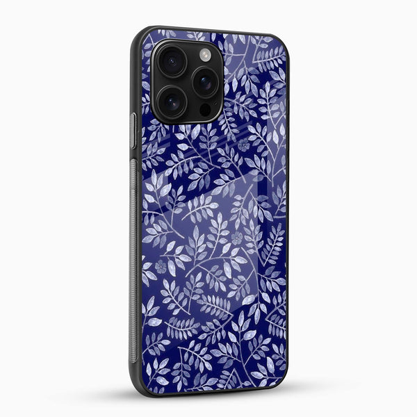Royal Blue Leaf Pattern Glass Mobile Cover – Elegant Botanical - Cover Stall