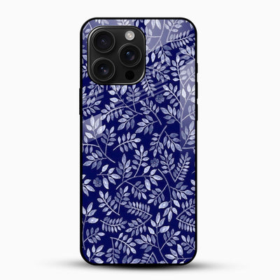 Royal Blue Leaf Pattern Glass Mobile Cover – Elegant Botanical