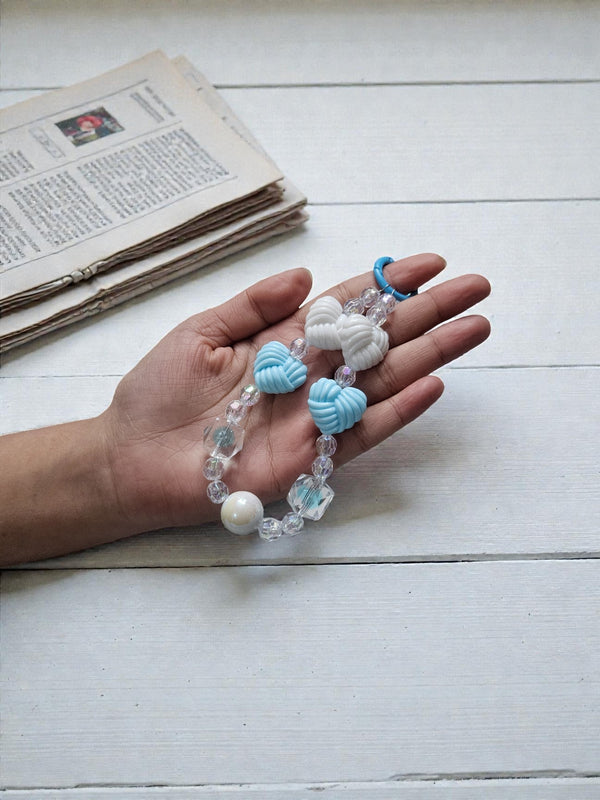 Blue & White Knot Beaded Phone Charm – Fresh Aesthetic Wrist Strap - Cover Stall