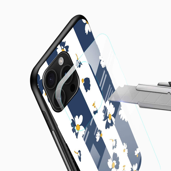 Blue White Floral Stripe Glass Mobile Cover – Elegant Aesthetic - Cover Stall