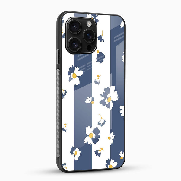 Blue White Floral Stripe Glass Mobile Cover – Elegant Aesthetic - Cover Stall