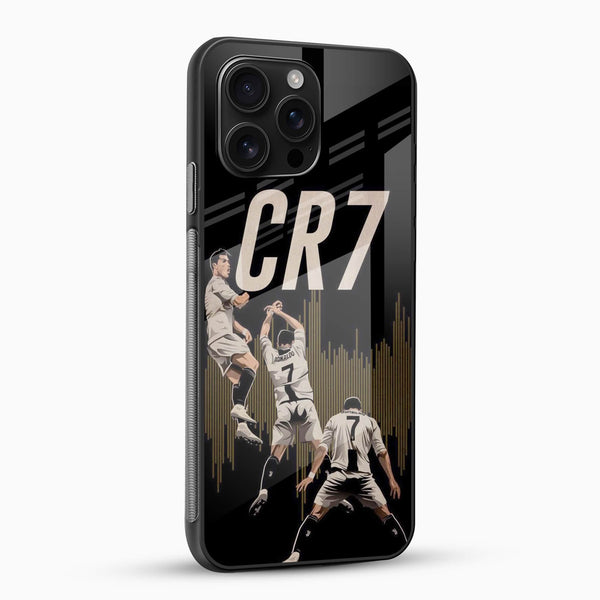 CR7 inspired football phone case with glossy glass back angled view