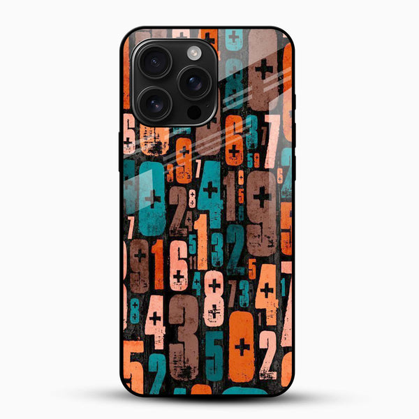 Abstract numbers pattern glass phone case with retro typography design front view