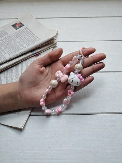 Cute Pink Kitty Beaded Phone Charm – Pastel Aesthetic Wrist Strap