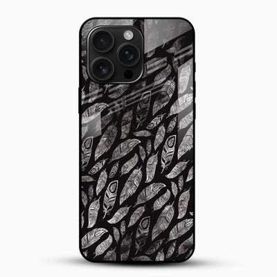 Dark Feather Pattern Glass Mobile Case – Minimal Aesthetic Design