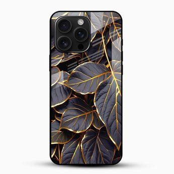 Midnight Gold Leaf Glass Mobile Cover – Luxury Botanical Design - Cover Stall