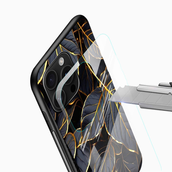Midnight Gold Leaf Glass Mobile Cover – Luxury Botanical Design - Cover Stall