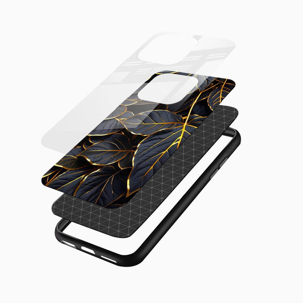 Midnight Gold Leaf Glass Mobile Cover – Luxury Botanical Design - Cover Stall