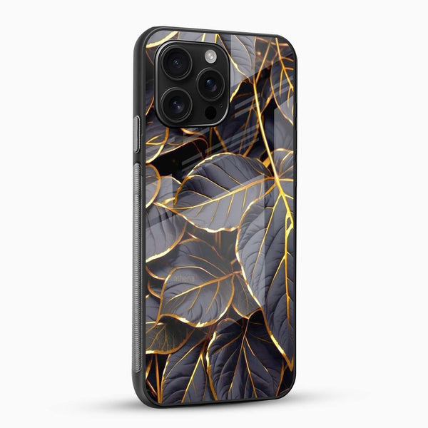 Midnight Gold Leaf Glass Mobile Cover – Luxury Botanical Design - Cover Stall