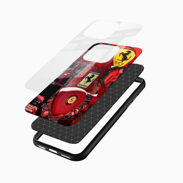Premium glass back Ferrari collage phone case with detailed racing elements