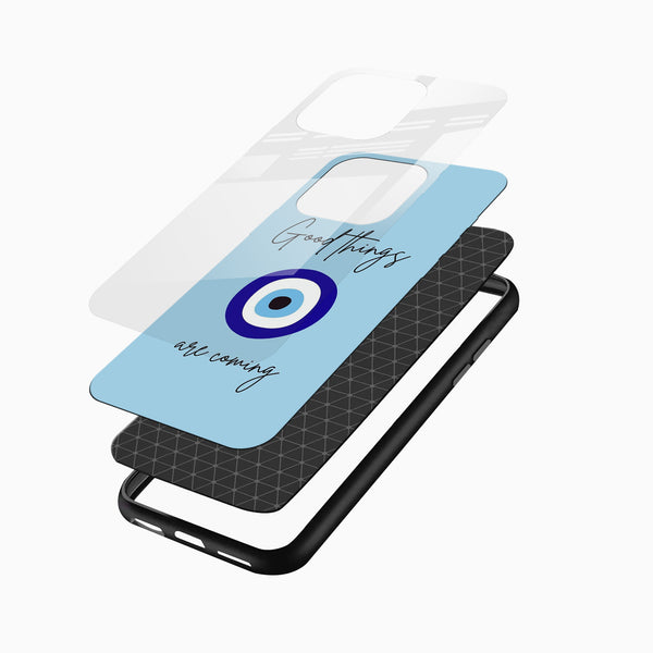 Premium glass back good things quote phone case with evil eye symbol
