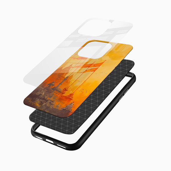 Premium glass back Ram Mandir phone case with detailed spiritual artwork