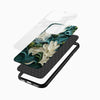 Premium designer glass back mobile cover angled display with elegant botanical wave artwork for iPhone and Android