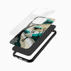 Luxury designer glass back mobile cover angled display with teal lace landscape artwork for iPhone and Android
