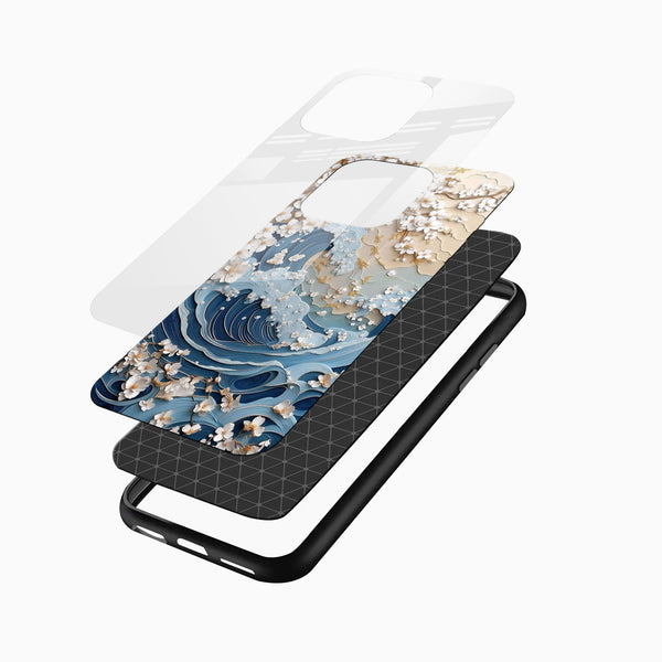 Luxury designer glass back mobile cover angled display featuring cherry blossoms and ocean wave artwork for iPhone and Android users