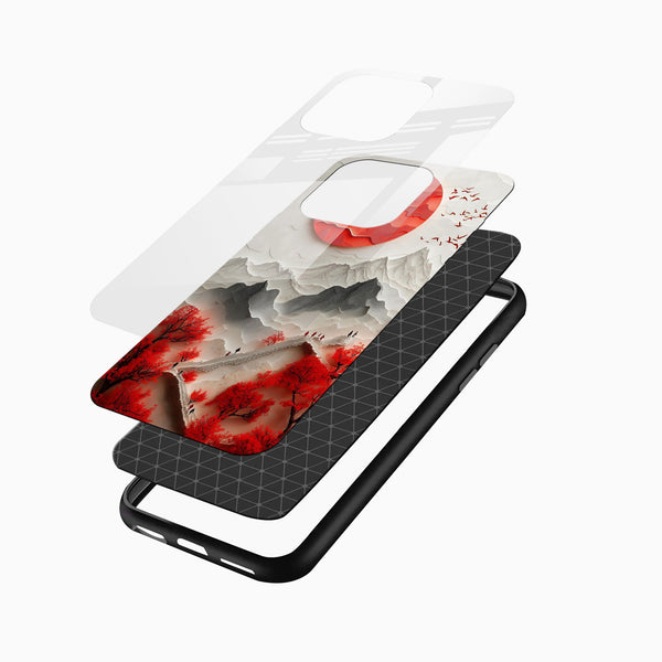 Luxury Glass Mobile Cover angled display featuring artistic mountain landscape and vibrant red foliage design for iPhone and Android users