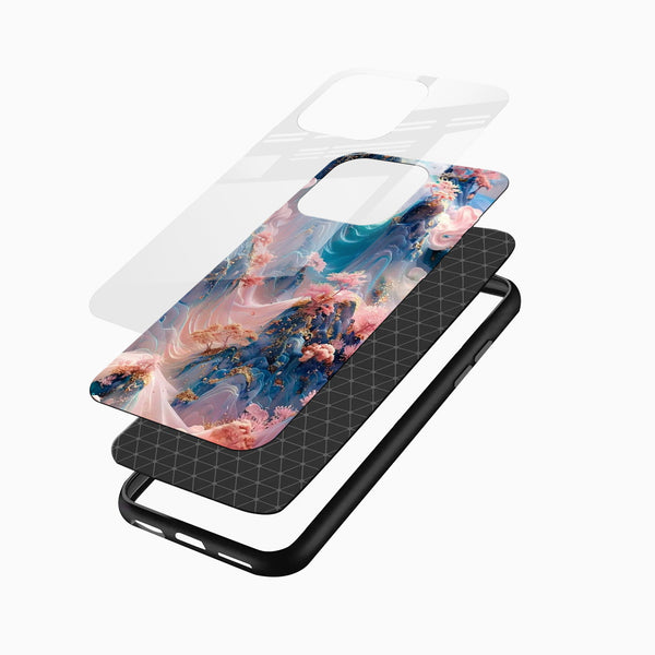 Luxury Glass Mobile Cover angled display featuring dreamy pastel mountains, cherry blossoms and abstract landscape design for iPhone and Android users
