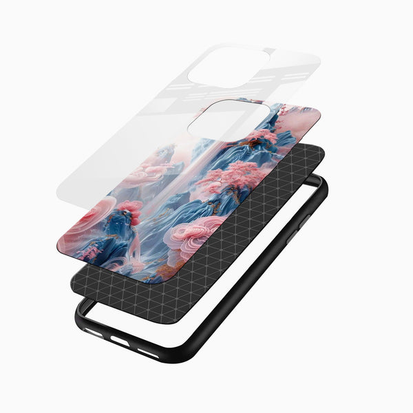 Luxury Glass Mobile Cover angled display featuring celestial waterfall, cherry blossoms and fantasy mountain artwork for iPhone and Android users