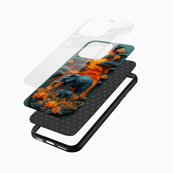 Luxury Glass Mobile Cover angled display featuring elephant family, forest scenery and sunset artwork for iPhone and Android users