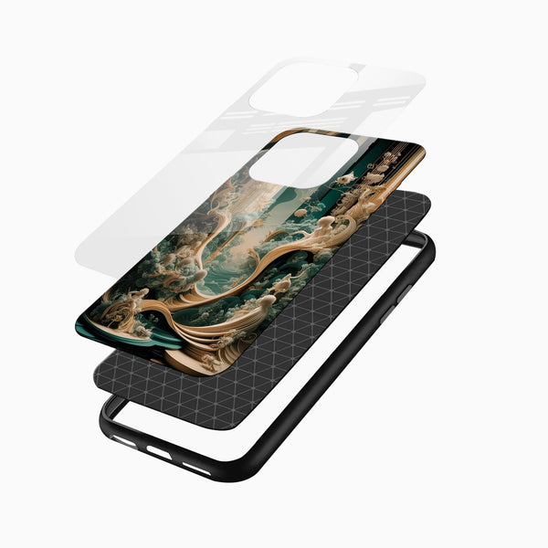 Luxury Glass Mobile Cover angled display with mystical forest, flowing golden forms and teal fantasy artwork for iPhone and Android users